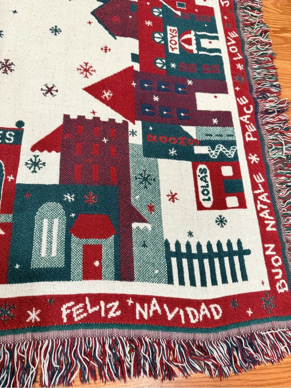 Holiday Village Fringe Throw Blanket - Red, Green & Cream 66x46